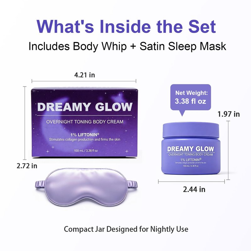 LIFTONIN® Dreamy Glow Overnight Toning Whip Cream - Anti-Cellulite Body Firming Cream with Satin Eye Mask, 3.38 fl oz