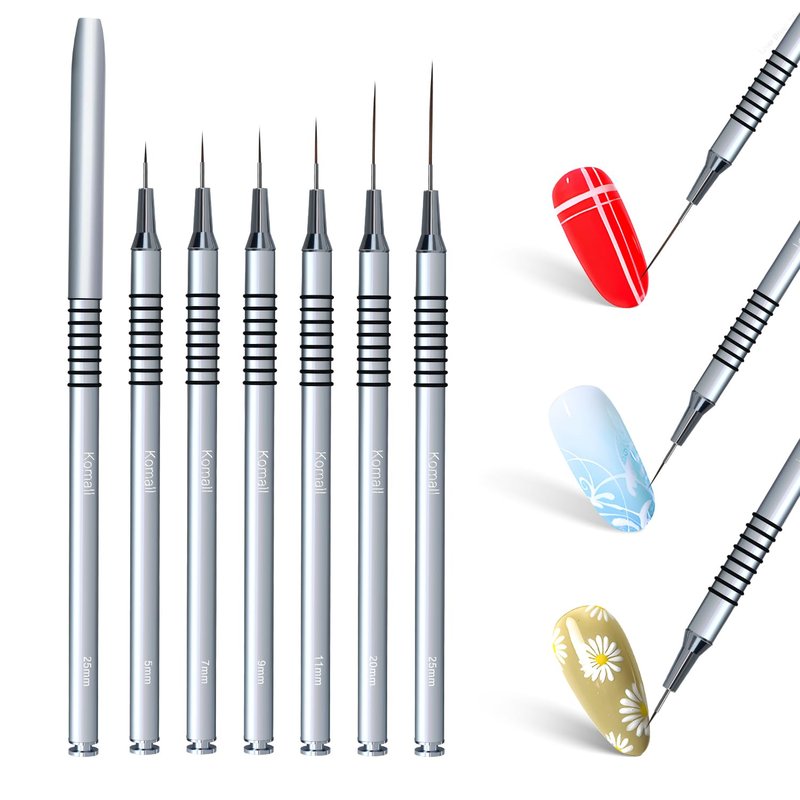 Metallic Nail Art Brushes - 6-Piece Non-Slip Liner Brush Set for UV Gel Polish | Fine Detailing Sizes 5-25mm (Silver)