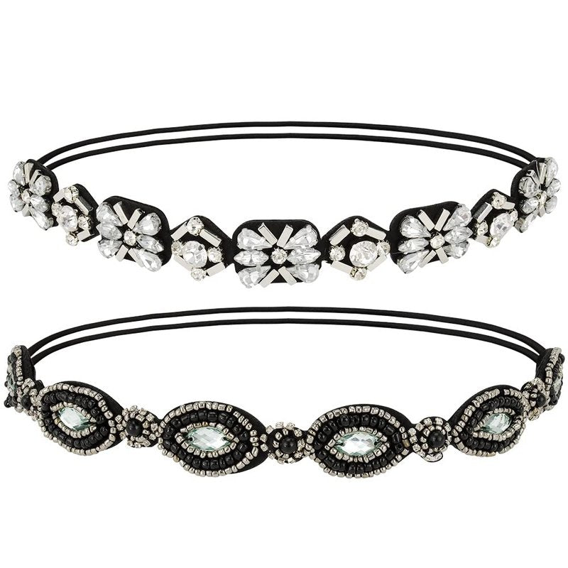 Amariver 2 Pieces Rhinestone Beaded Elastic Headband，Fashion Headbands Handmade Hair Bands Hair Accessories for Lady Woman 20-25" Fits for Most (Style B)