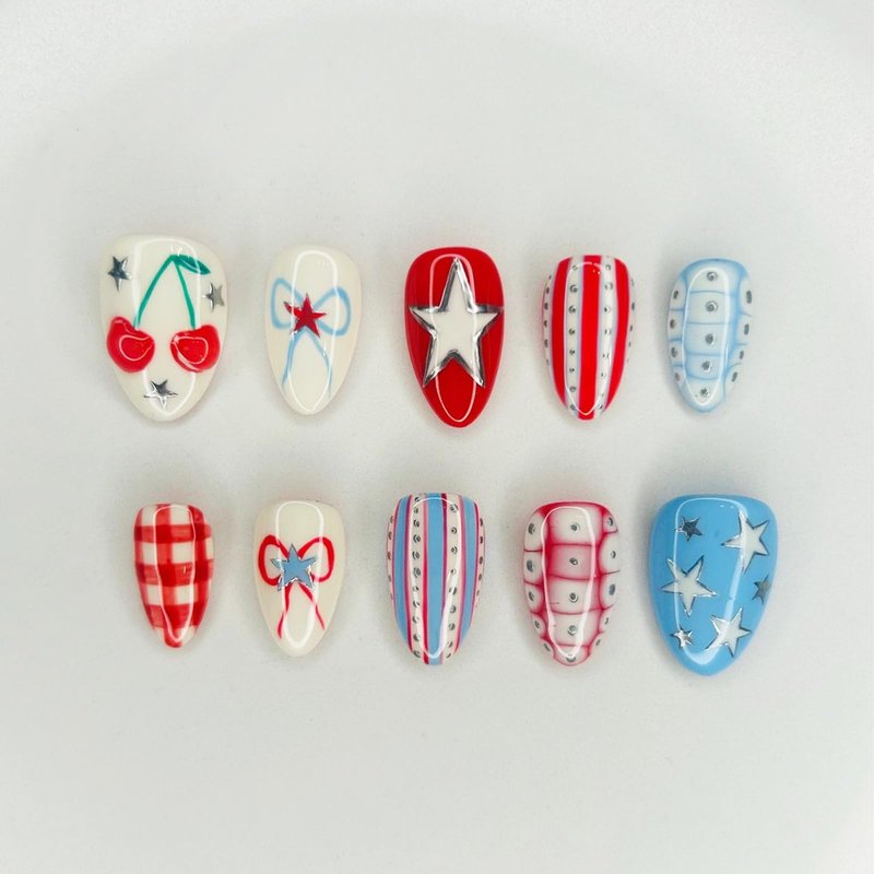 30Pcs 4th of July Press on Nails Almond Shape Patriotic Fake Nails Reusable Acrylic False Nails with Adhesive Tabs Red White Blue Star Cherry Design Independence Day Press on Nails for Women DIY