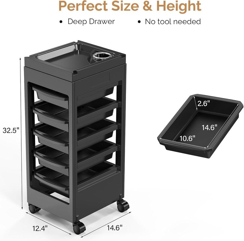 OmySalon Salon Cart for Hair Stylists - Black Rolling Organizer with 5 Drawers & Hair Dryer Holder | Beauty Spa Storage Solution