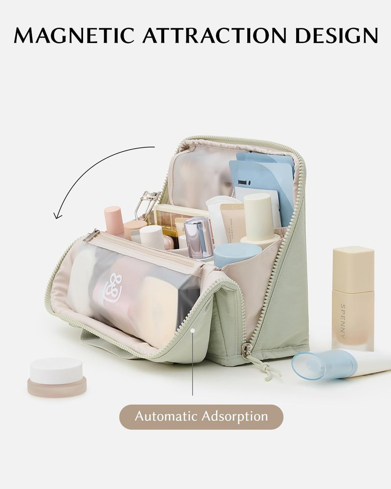 EACHY Standing Makeup Bag - Large Waterproof Cosmetic Bag & Toiletry Bag Organizer with Phone Holder, Detachable Dividers, Wipe-Clean Brush Pouch for Women