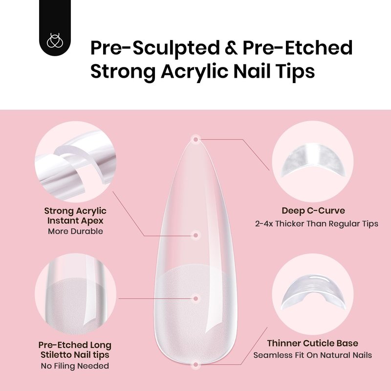 Beetles Tipex Instant Apex Nail Tips, Stiletto Long, 16 Sizes (00–14), 192pcs, Built-In Apex, No Builder Gel Required, Thicker Strong Acrylic Tips for DIY Nail Extensions