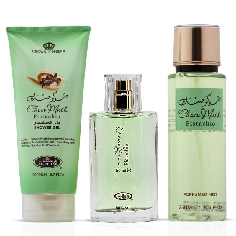Al-Rehab Choco Musk Pistachio 3-Piece Gift Set – Eau de Parfum 50ml + Shower Gel 200ml + Body Mist 250ml – Pistachio & Vanilla Unisex Collection