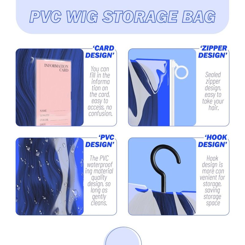 3PCS Wig Holder: Dust-Proof PVC Wig Storage Bag with Hook & Hook & Waterproof Feature, Perfect for Multiple Wigs, Transparent & Portable (Blue)