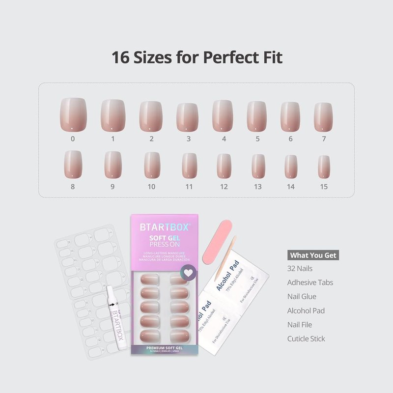BTArtbox Square Ombre Press On Nails | Soft Gel Short Nails with Glue - 32 Reusable Kit in Vanilla Cream