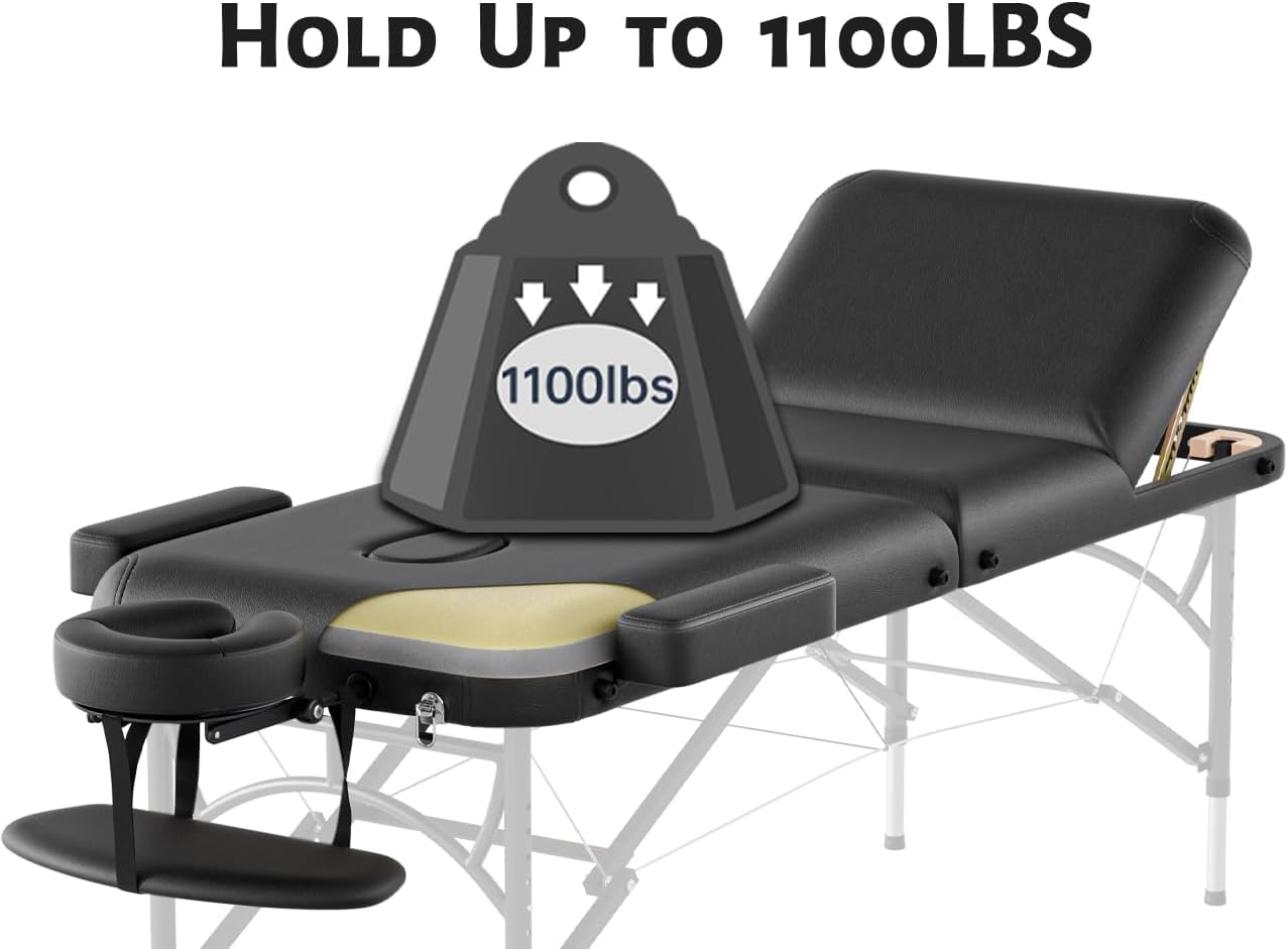 Skiennix Professional Massage Table - Portable 3-Fold Design with Premium Memory Foam | Adjustable Heights, Black