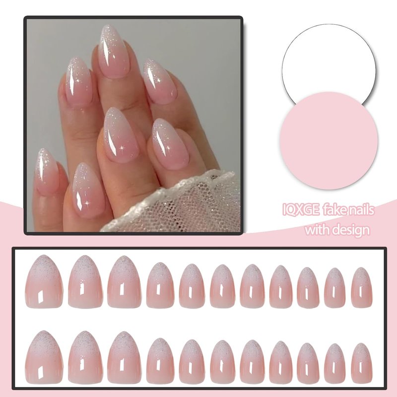 IQXGE Pink Ombre Acrylic Press on Nails Short Almond Acrylic Nails Press Ons Full Cover Glue on Fake Nail with Silver Glitter Designs Reusable Artificial Stick on False Nail for Women 32Pcs