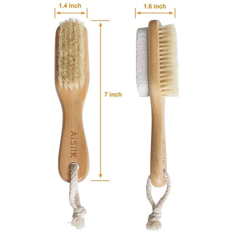 1Pc Foot Natural Bristle Brush & Pumice Stone Combo,Double Side with Pumice Stone and Bristle Brush Heel Scraper Pedicure File Removes Dead Skin with Rope Wooden Handle