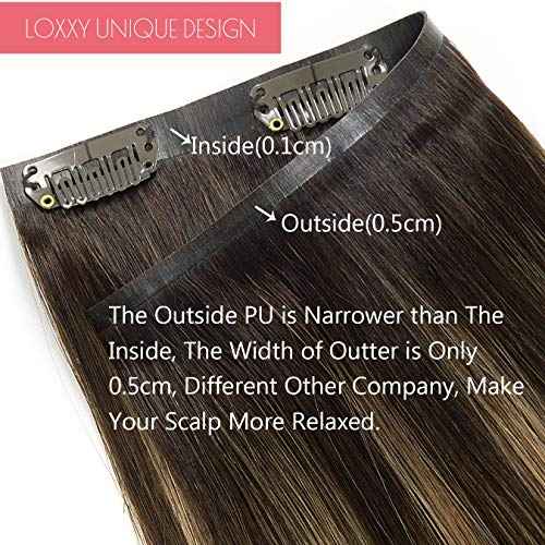 Loxxy 20Inch Seamless Clip in Hair Extensions Remy Human Hair Chestnut Brown to Highlight Dark Brown With Dark Brown Roots Natural Seamless Hair Extensions Clip in With PU Weft 110Gram #R2-2/6