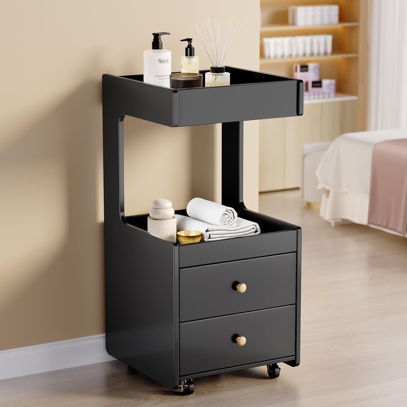Salon Trolley Cart, Esthetician Cart with 2 Drawer & 2 Trays, 2 Lockable Wheels Hair Styling Station, Tool Organizer Storage Cabinet for Beauty Spa Barbershop, Black