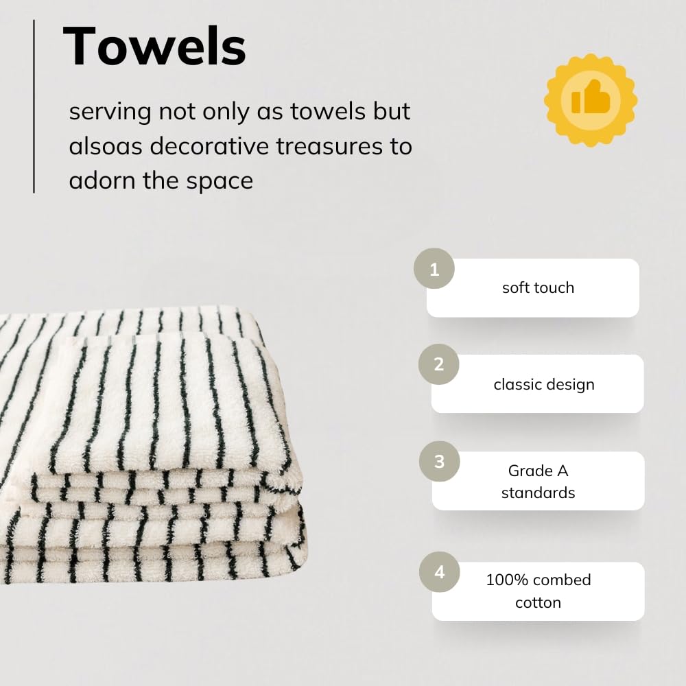 WENSHUO Black&White Striped Pure Cotton Hand Towel,100% Combed Cotton,Luxury Shower Towel,Super Absorbent(Pack of 1) (29.53" L × 13.39" W)
