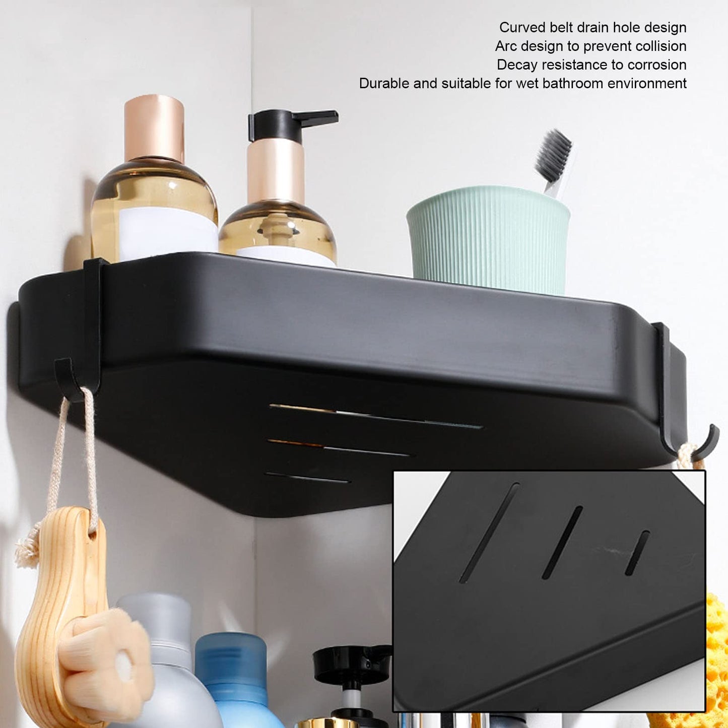 Topyond Shower Caddy, Aluminium Alloy Black Corner Shower Shelves, Durable Bathroom Organizer for Toilet Kitchen Dorm with 2 Hooks, Bath Decor
