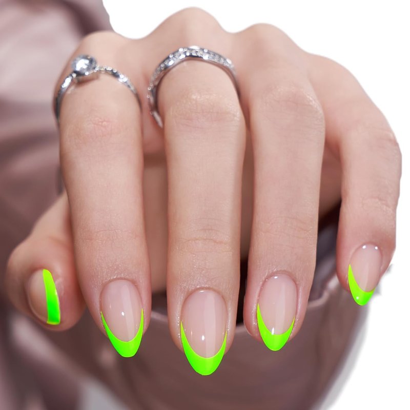 BTArtbox French Tip Press On Nails - Valentines Day Neow Green Press On Nails Short, Almond Stick On Nails, Glue On Nails in 16 Sizes - 30 Pcs Soft Gel Fake Nails Kit, Green French
