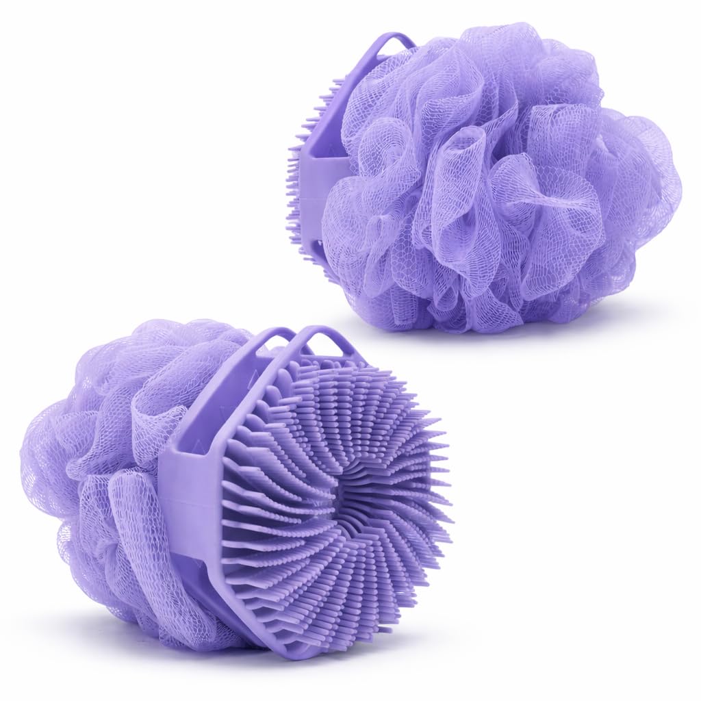 2-in-1 Silicone Body Scrubber & Mesh Loofah Sponge – Exfoliating Silicone Shower Scrubber with Soft Loofa Puff, Bristles, Non-Slip Grip, Quick Dry, Hygienic Body Scrubber for Women & Men