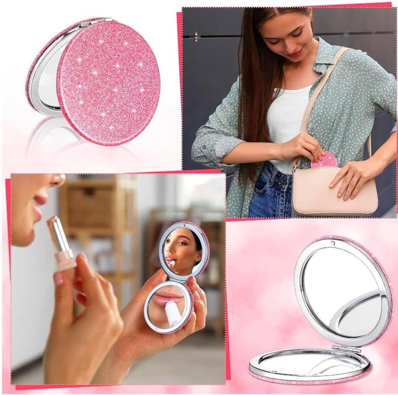 Compact Pink Makeup Mirror - Portable 2x Magnification with Glitter | Travel Essential for Women