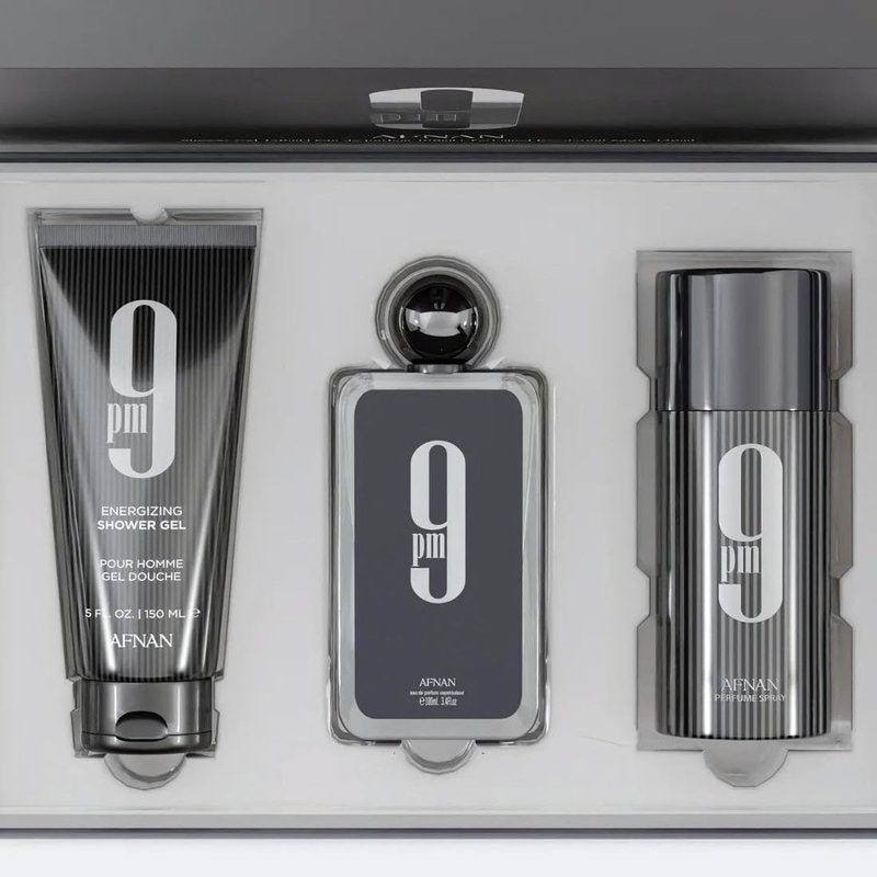Afnan 9 Pm 3 Piece Set for Men, (3.4 Oz De Parfum Eau De Parfum Spray + 5.0 Oz Shower Gel + 5.0 Oz Perfume Deodorant)
