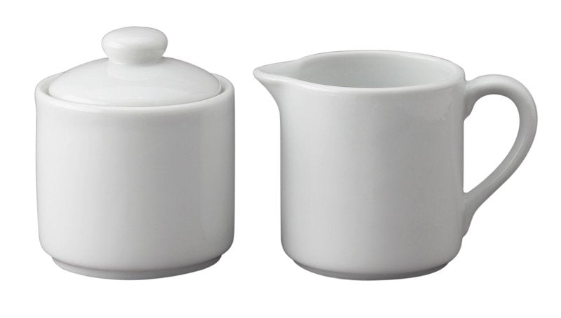HIC Kitchen Contemporary Creamer And Sugar Bowl With Lid Set, Fine Porcelain, For Serving Sugar, Milk, Cream, Syrup, And Sauces, 3-Piece Set