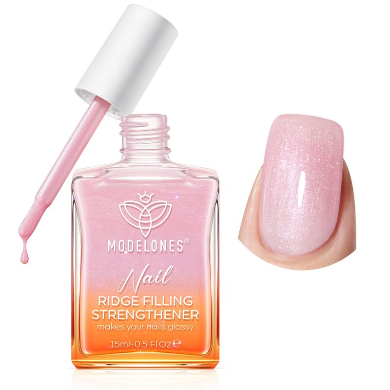modelones Nail Strengthener Glitter Pink Nail Polish Nail Repair for Damaged Nails Hardener and Growth Polish Nail Care Gifts for Women Nail Strengthening Polish 15ml