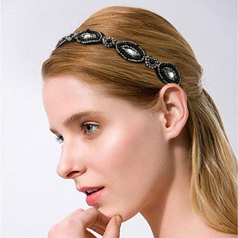 Amariver 2 Pieces Rhinestone Beaded Elastic Headband，Fashion Headbands Handmade Hair Bands Hair Accessories for Lady Woman 20-25" Fits for Most (Style B)