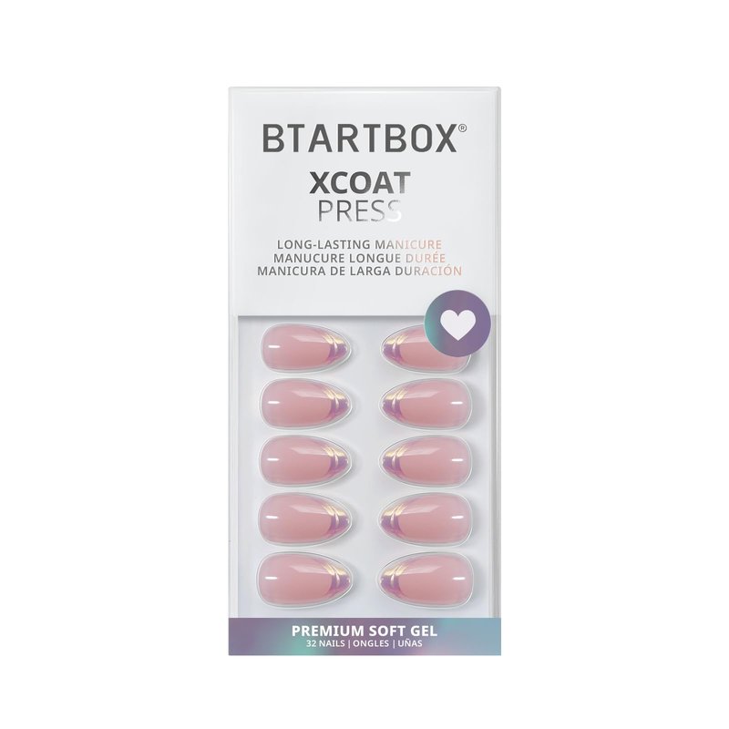 BTArtbox French Tip Press On Nails Almond - Press on Nails Short with Metallic Chrome Silver Finish, Supremely Fit & Natural Glue On Nails in 16 Sizes, Dazzling Pink