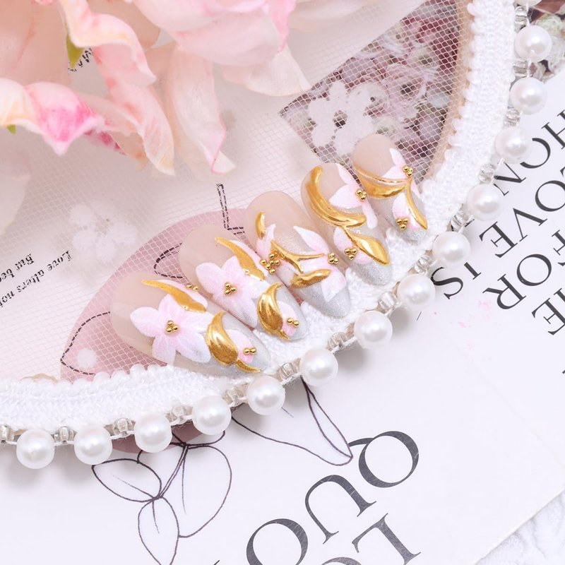 Flower Press On Nails - 24 Pcs Medium Almond 3D Floral Design with Gold Lines | Full Cover French Tip