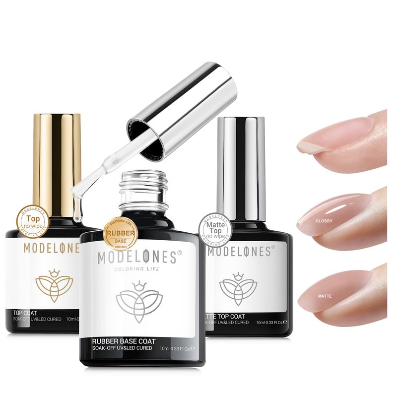 Gel Nail Polish Top & Base Coat Set - 3Pcs Rubber Base, Glossy & Matte Finish | Chrome Proof, High Shine, Soak Off for DIY Manicure