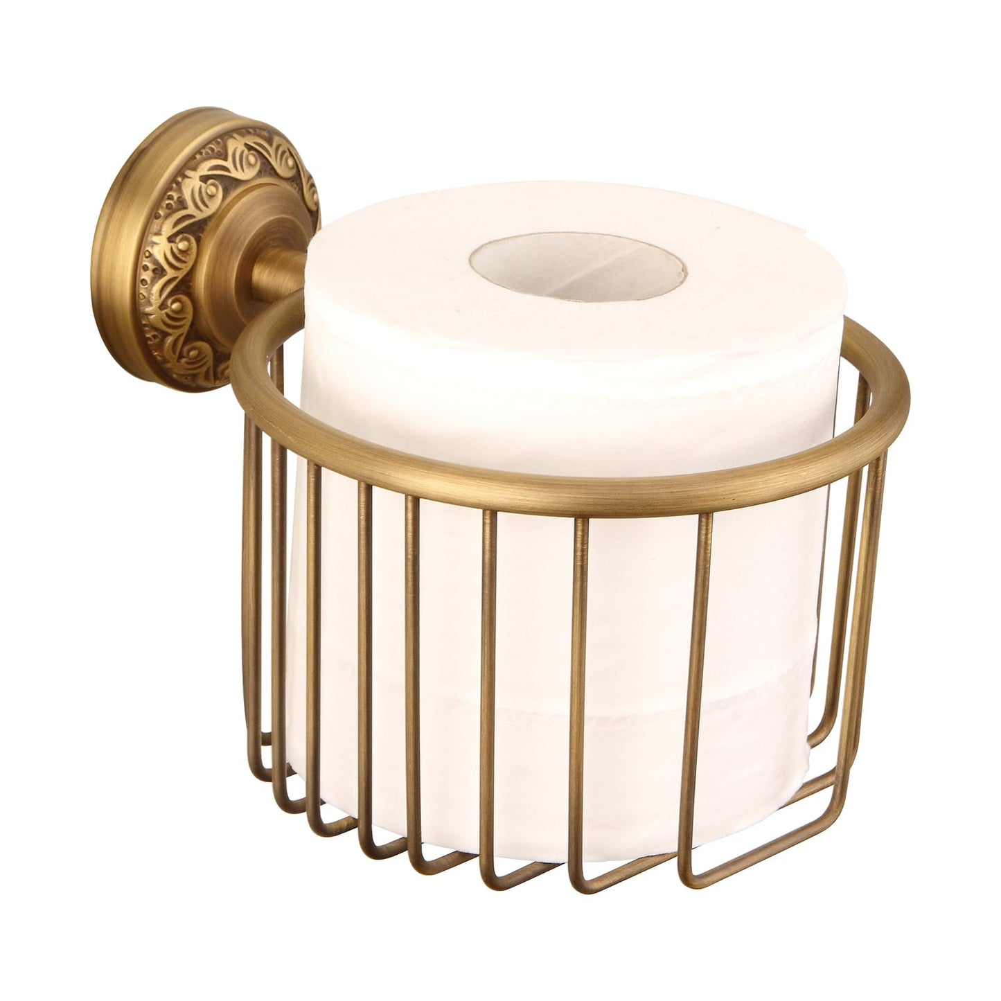 Vintage Wall-Mounted Toilet Paper Holder with Wire Basket Design, Antique Brass, Wall-Mounted Bath Hand Towel Holder with Braiding Carvings, Vintage Style.