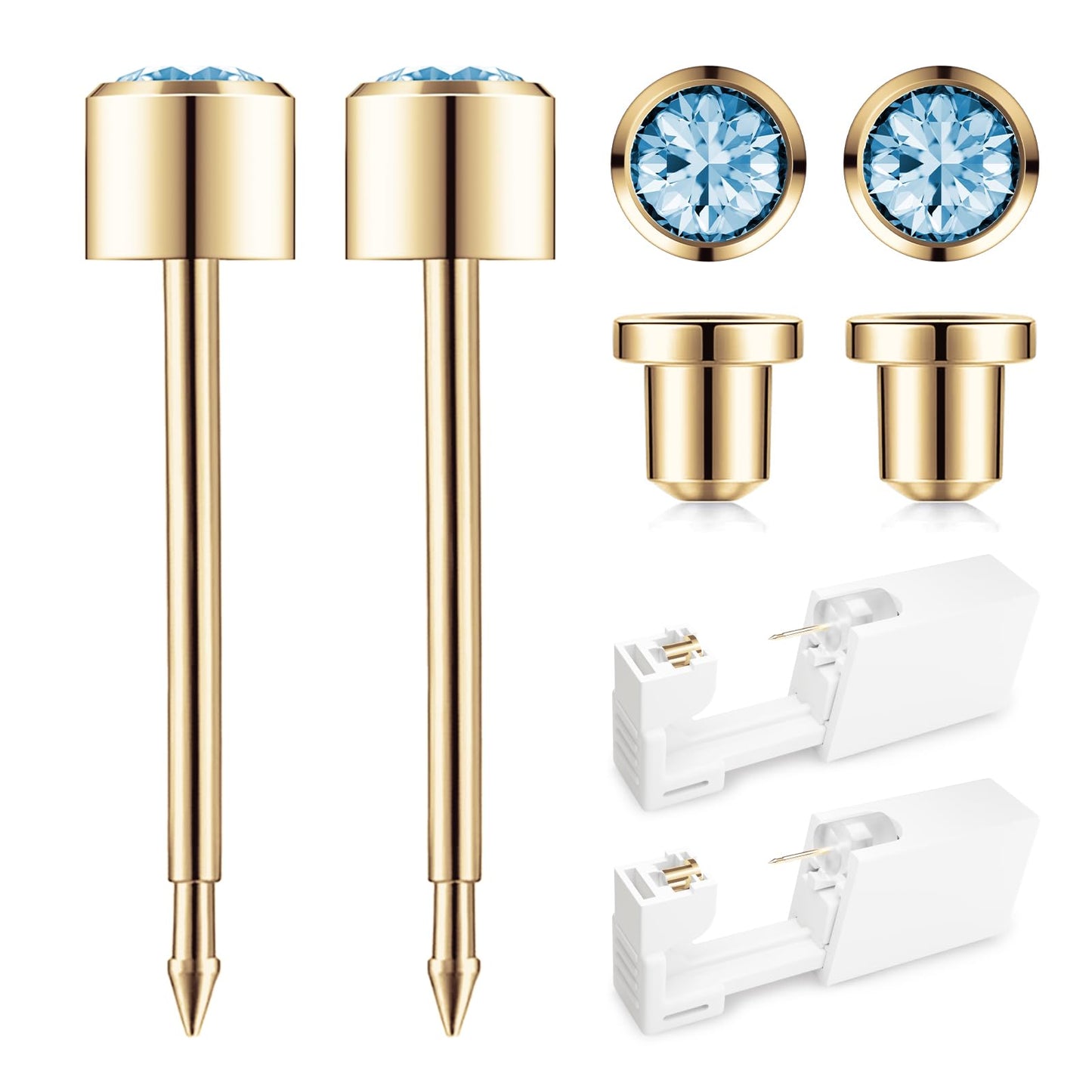 SugarTang Ear Piercing Kit Gold 4mm with Safety Back Disposable Ear Piercing Gun Kit 2 Pack Made in 316L Surgical Stainless Steel | At Home Self Ear Piercer Kit with Preloaded Ear Stud (Blue)
