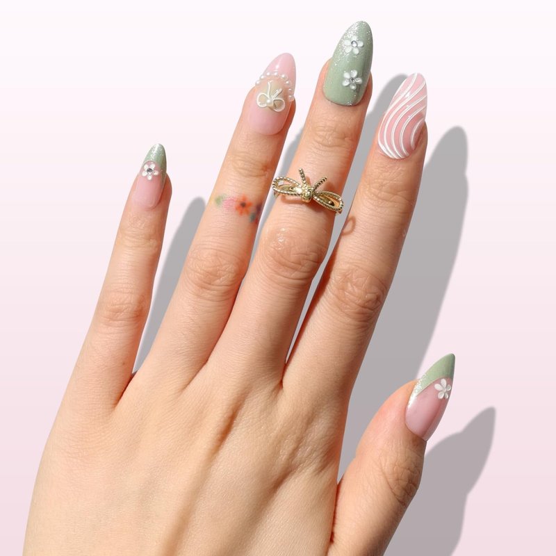 Nail Reformation Press On Nails, Garden of Pearls | Floral French Short Almond Fake Nails on Pink Green Shimmer Base in Glossy Finish, Reusable Stick On Nails in 15 Sizes - 30 Nail Kit for Women Gifts