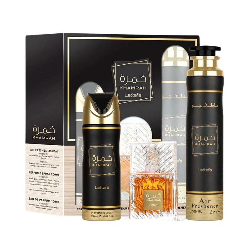 Lattafa Khamrah Unisex Gift Set - EDP, Deo & Air Freshener | 3.4 Fl Oz, 6.67 Fl Oz, 10.14 Fl Oz