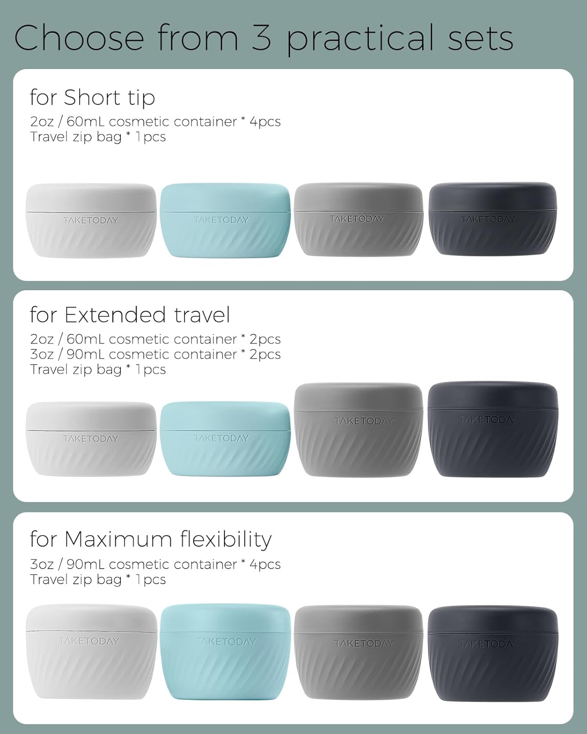 TakeToday Travel Containers - Leak-Proof TSA Approved Silicone Toiletry Jars | 2oz, 4 Pack, Grey