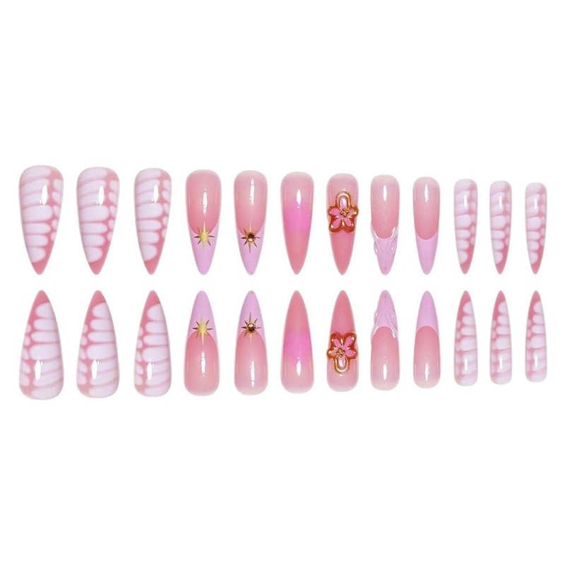 Handmade Flower Press-On Nails | Long Stiletto French Tip Design with Floral Rhinestones - Pink Almond, 24 Pcs