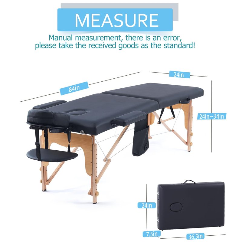 ARTBUSKE Portable Massage Table,84 Inch Massage Tables Portable with Side Pocket and Towel Rack Adjustable Height Lash Bed Massage Bed Tattoo Table Esthetician Bed for Eyelash Tattoo Spa,Black