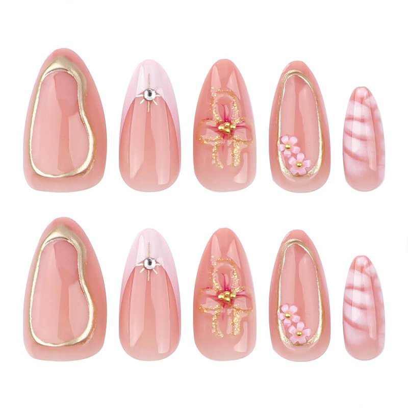 24Pcs 3D Flower Press on Nails Medium Square Fake Nails Pink French Tip Artificial Nails with Star Rhinestones Design Gilding Full Cover Glue on Nails Nude False Nails Spring Stick on Nails for Women