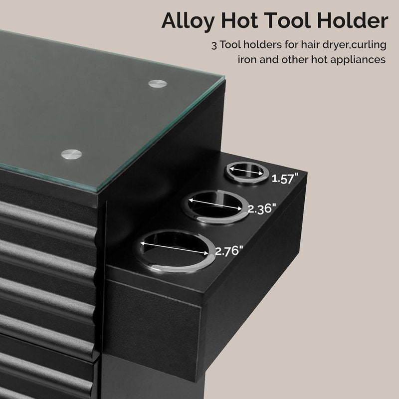 Regine Switzerland Professional Salon Station - Tempered Glass Top, 3 Drawers & Heat Resistant Tool Holders | Black