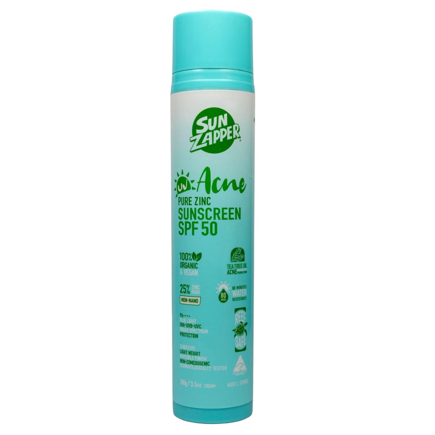Sun Zapper Acne Pure Zinc Face Sunscreen SPF 50, Non-Comedogenic Organic Mineral Sunscreen with Tea Tree Oil for Acne-Prone and Oily Skin, 25% Non-Nano Zinc Oxide, Reef Safe, 100g (3.5 oz)