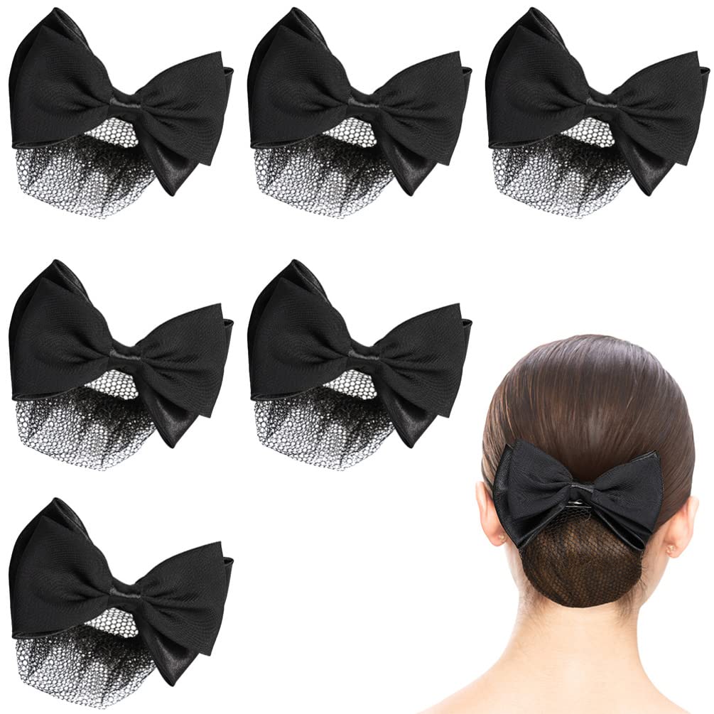 Uonlytech Hair Pin, 6pcs Bowknot Hair Snood Net Barrettes, Ribbon Barrette With Net Chignon Hair Bun Cover Mesh Clip Hair Tie for Women Girls Dancer, Black