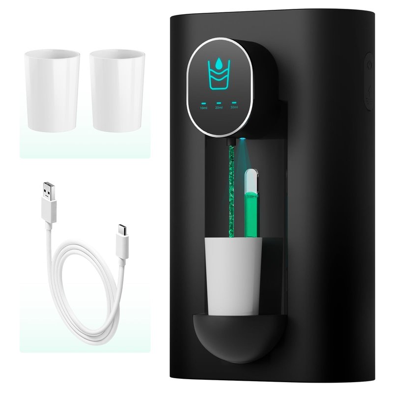 Oylik Automatic Mouthwash Dispenser 18.26 oz Touchless Mouthwash Dispenser for Bathroom 2 Magnetic Cup USB Rechargeable and 3 Dispensing Levels with Led Screen Wall-Mounted or Countertop Use-Black