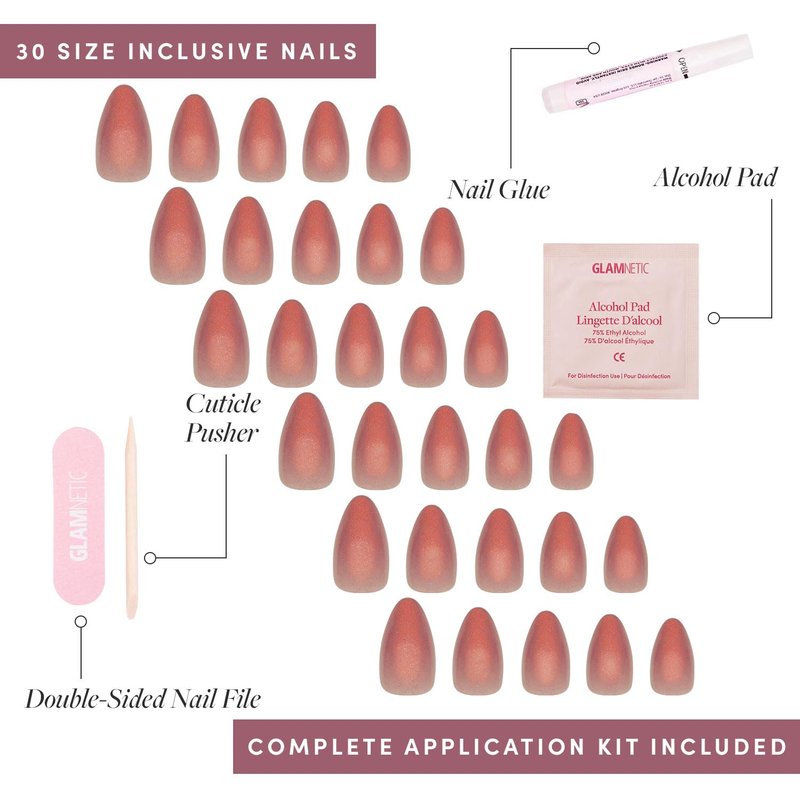 Glamnetic Press On Nails - Rosé | Short Almond Rosy-Pink Fake Nails with a Mesmerizing Metallic Finish | 15 Sizes - 30 Nail Kit with Glue