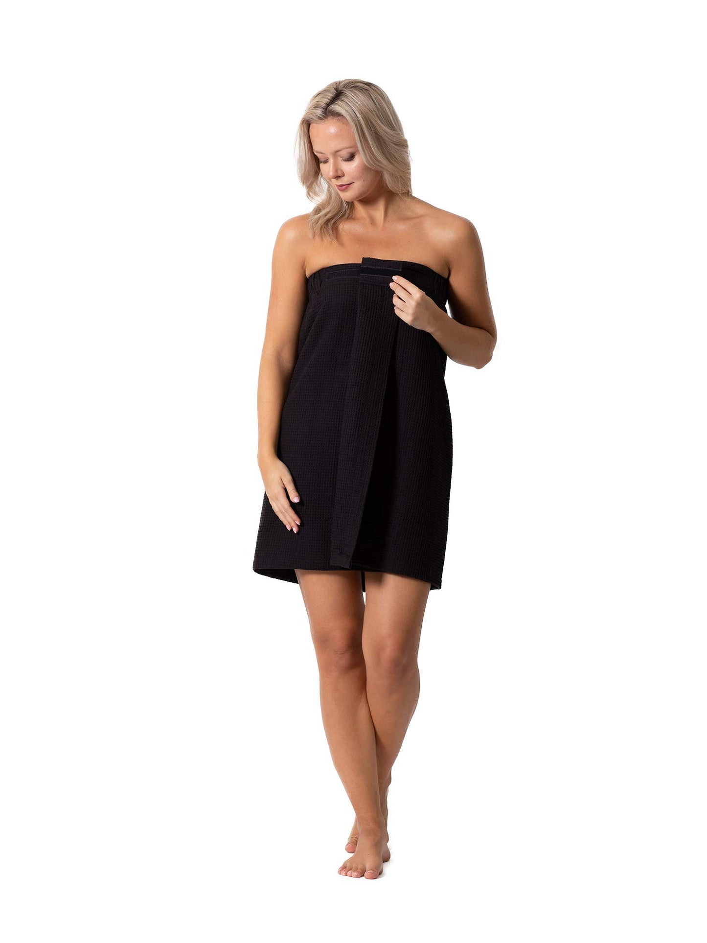 Turkish Linen Women’s Waffle Spa Body Wrap with Adjustable Closure (Small/Medium, Black)