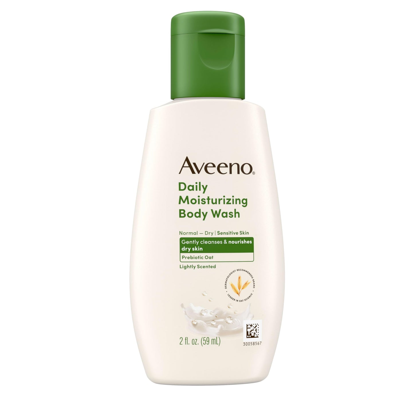 Aveeno Daily Moisturizing Body Wash for Dry & Sensitive Skin + Prebiotic Oat, Shower Body Wash Gently Cleanses & Nourishes Dry Skin, Lightly Scented, Travel-Sized, 2 fl. oz