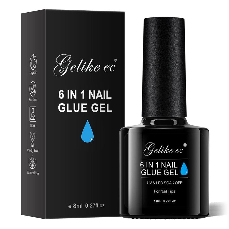 Gelike EC Gel Nail Glue for Press Ons: 6 in 1 Strong UV Nail Glue for Nail Tips and Acrylic Nail - Long Lasting 28 Days Hold Quick UV Cure - Hema Free Formula for Beginner Friendly DIY for Home Salon