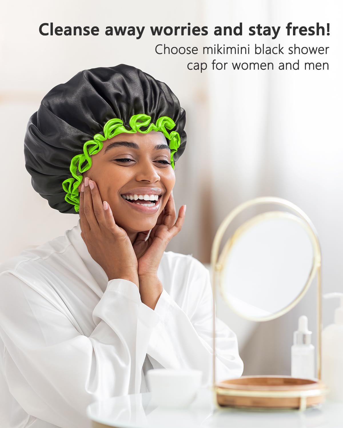 mikimini Black Small Shower Cap for Child 1 Pack, Double Layers Waterproof Bathing Hair Cap with Reusable Soft Comfortable PEVA Lining, Cute, non-fading & Stretchy Shower Hat