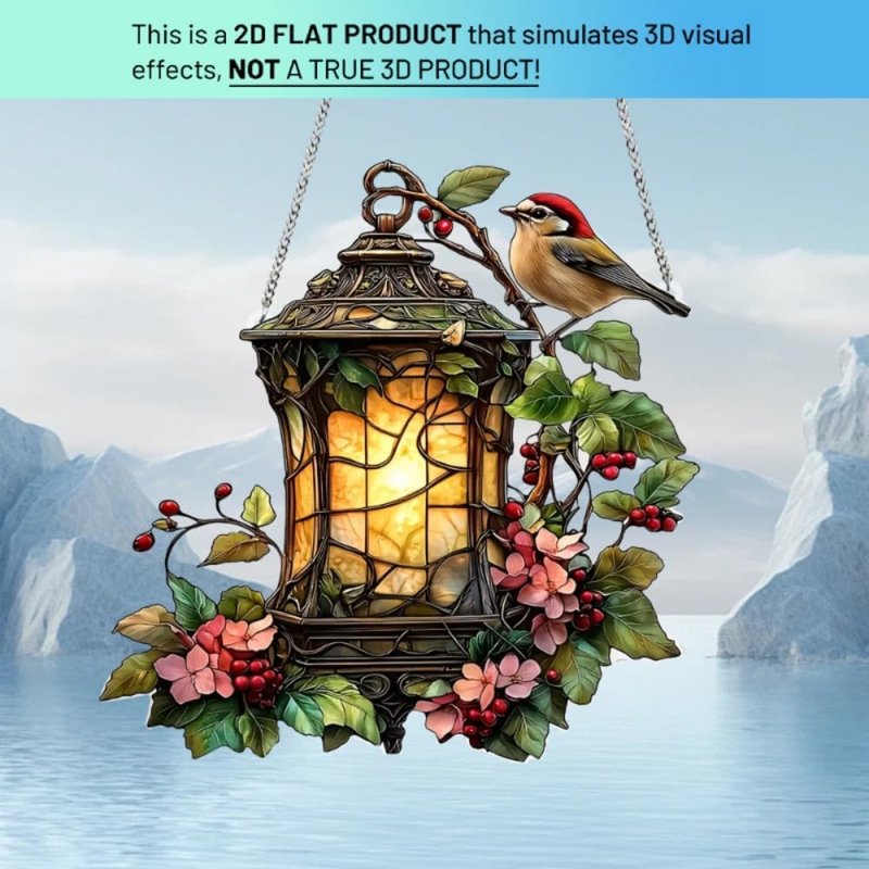 Acrylic Lantern with Bird & Flowers | 7.08-Inch Stained Glass Style Window Decor & Rainbow Maker