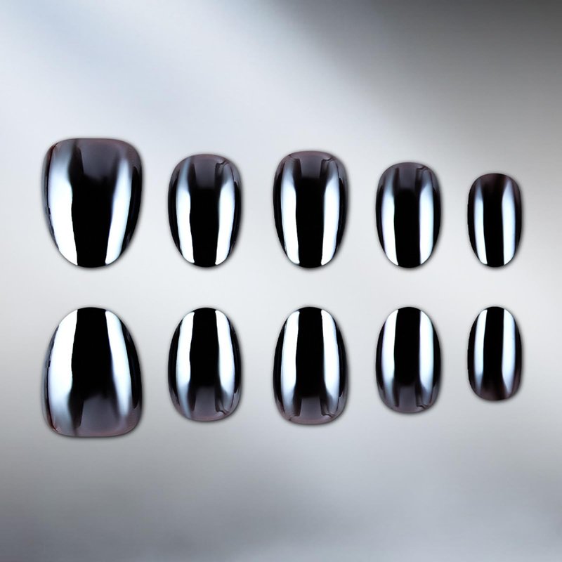 Black Press On Nails Short Almond Fake Nails Chrome False Nail With Design Solid Color False Nails Full Cover Acrylic Glossy Artificial Stick On Nail For Women Manicure Art 32pcs
