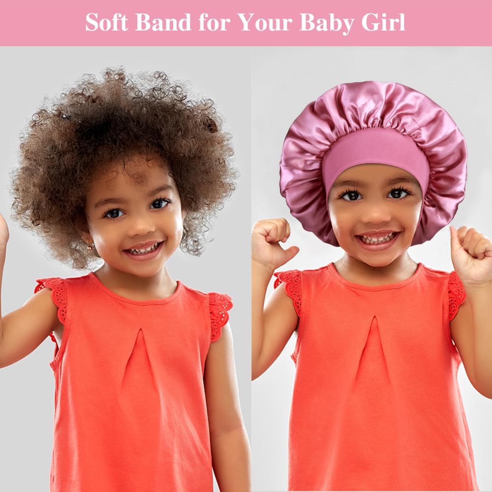 Heniho 3pcs Satin Bonnets for Kids Sleeping, Cute Hair Bonnet with Scrunchies for Girls Curly Hair, C
