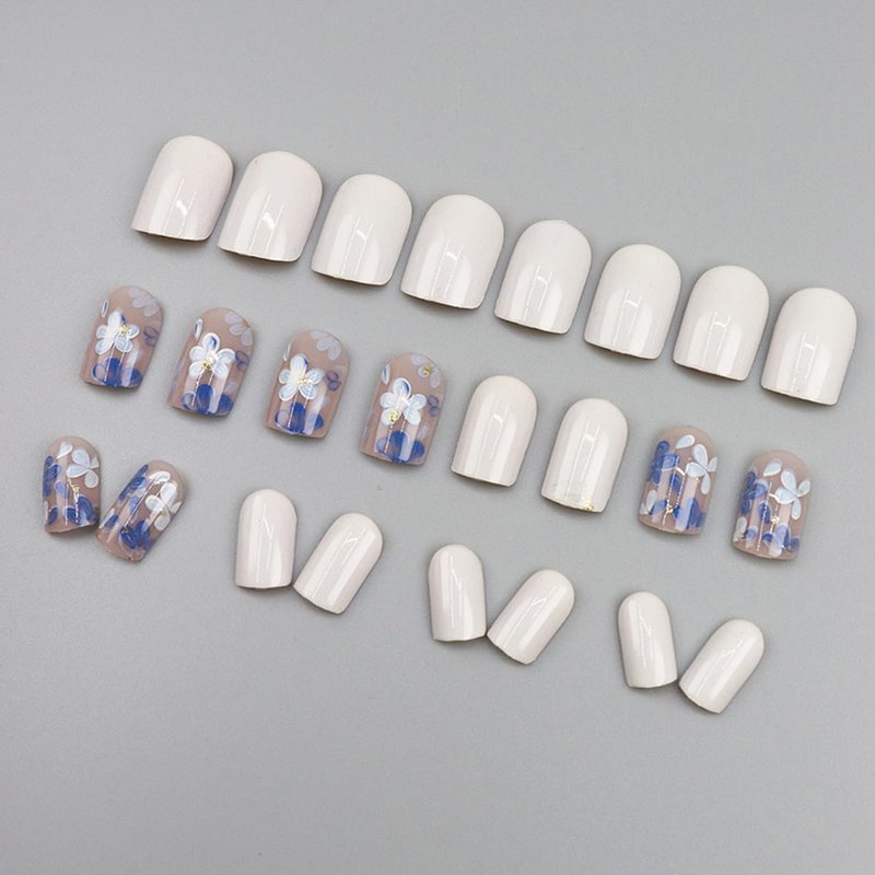 Short Square Press-On Nails - Glossy White Acrylic Nail Art Kit with Floral Designs | 24 Pcs Full Cover
