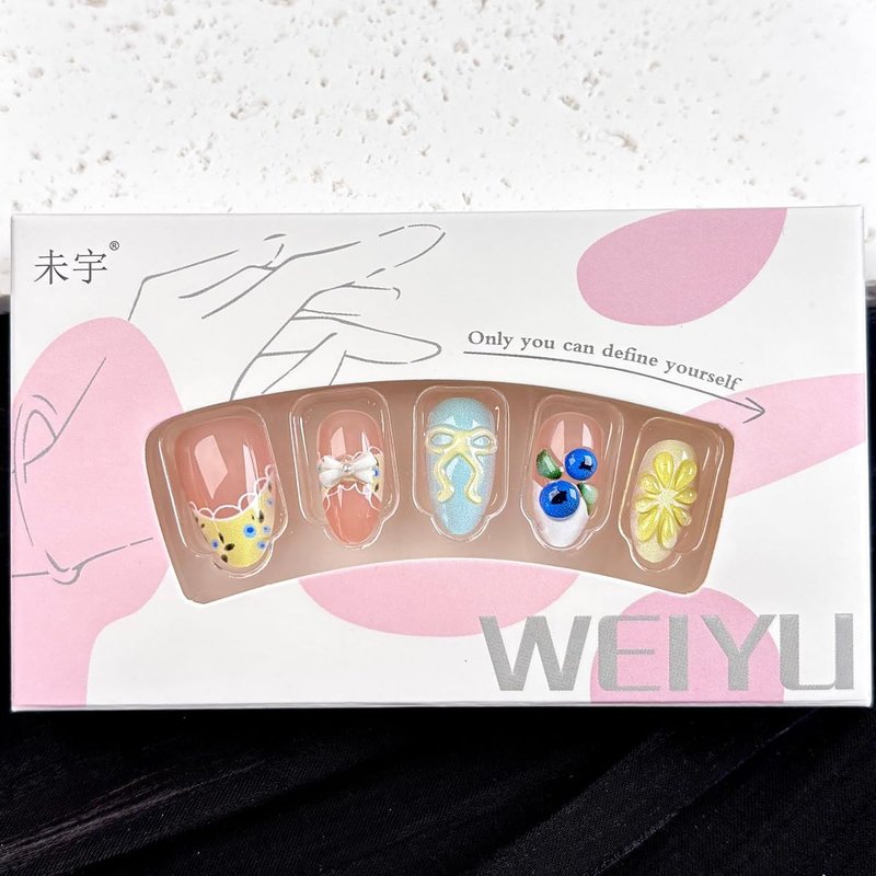 Skiennix 3D Lemon Blueberry Press-On Nails - Glossy Almond Shape, 30Pcs Handmade Acrylic Nail Art Tips for Summer Fun