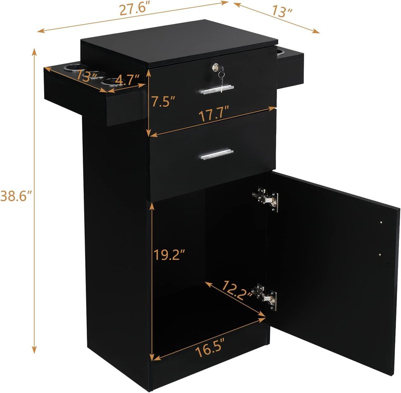OmySalon Hair Stylist Salon Station - Large Storage Cabinet with 2 Drawers & 6 Hair Dryer Holders | Black